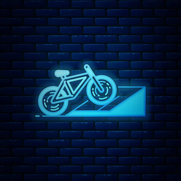 Glowing neon Bicycle on street ramp icon isolated on brick wall background. Skate park. Extreme sport. Sport equipment. Vector Illustration