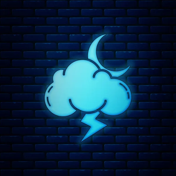 Icono de tormenta de neón brillante aislado sobre fondo de pared de ladrillo. Nube con rayo y signo de luna. Icono del tiempo de tormenta. Ilustración vectorial — Archivo Imágenes Vectoriales