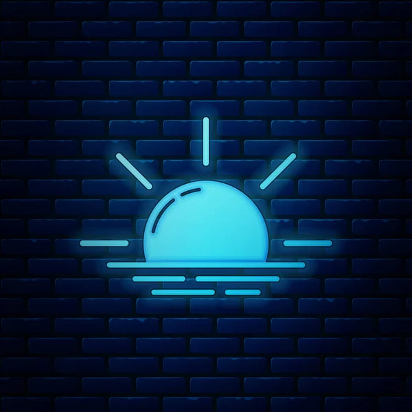 Glowing neon Sunrise icon isolated on brick wall background. Vector Illustration