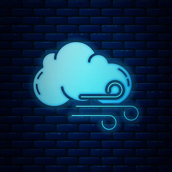 Brillante neón icono del tiempo ventoso aislado en el fondo de la pared de ladrillo. Nube y viento. Ilustración vectorial — Vector de stock