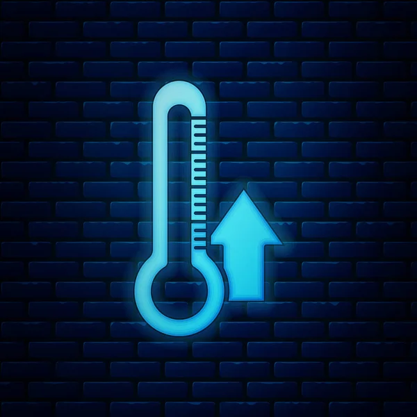 Leuchtende Neon-Thermometer-Symbol isoliert auf Backsteinwand Hintergrund. Vektorillustration — Stockvektor