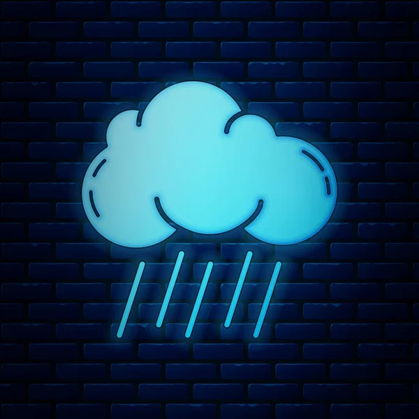 Leuchtende Neon-Wolke mit Regensymbol isoliert auf Backsteinmauer Hintergrund. Regenwolken Niederschlag mit Regentropfen. Vektorillustration — Stockvektor