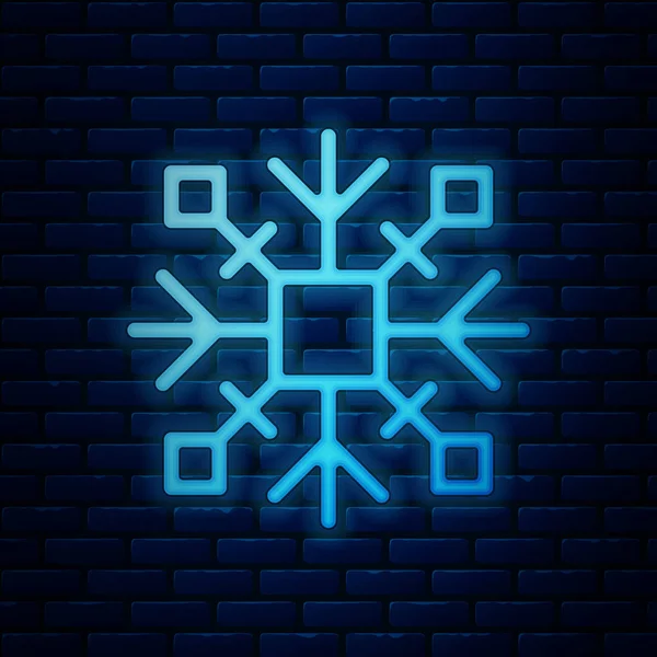 Lumineux néon icône flocon de neige isolé sur fond de mur de briques. Illustration vectorielle — Image vectorielle