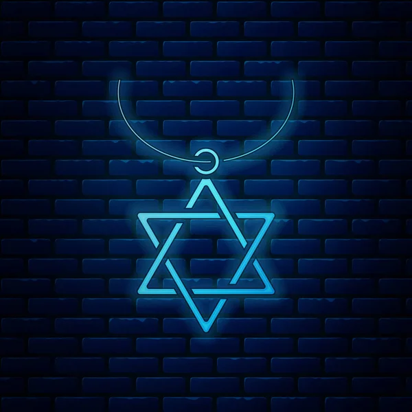 Glowing neon Star of David necklace on chain icon isolated on brick wall background. Jewish religion symbol. Symbol of Israel. Jewellery and accessory. Vector Illustration — Stock Vector