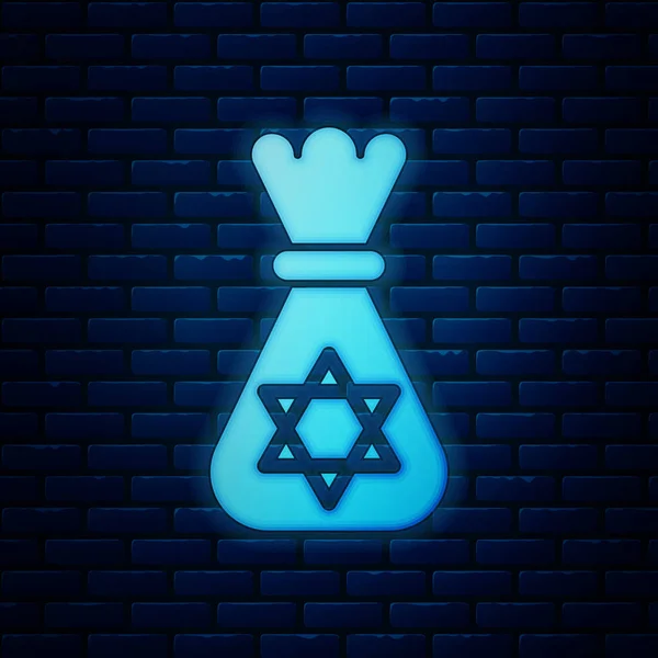 Borsa luminosa al neon denaro ebraico con stella di icona david isolato su sfondo muro di mattoni. Simbolo di valuta. Illustrazione vettoriale — Vettoriale Stock