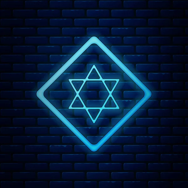 Glödande neon Star of David ikonen isolerad på tegelvägg bakgrund. Judisk religionssymbol. Israels symbol. Vektor Illustration — Stock vektor