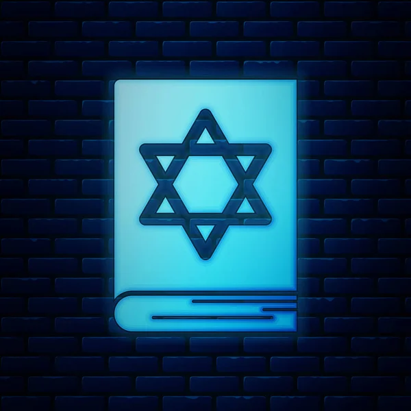 Glowing neon Jewish torah book icon isolated on brick wall background. Pentateuch of Moses. On the cover of the Bible is the image of the Star of David. Vector Illustration — Stock Vector