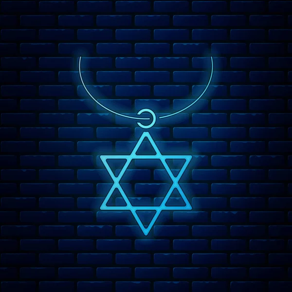 Estrela de néon brilhante do colar David no ícone da cadeia isolado no fundo da parede de tijolo. Símbolo religioso judeu. Símbolo de Israel. Jóias e acessórios. Ilustração vetorial —  Vetores de Stock