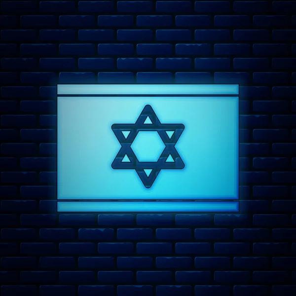 Gloeiende neon vlag van Israël pictogram geïsoleerd op bakstenen muur achtergrond. Nationaal patriottisch symbool. Vector illustratie — Stockvector