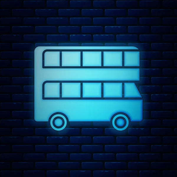 Gloeiende neon dubbeldekker bus icoon geïsoleerd op bakstenen muur achtergrond. London Classic Passenger bus. Symbool voor openbaar vervoer. Vector illustratie — Stockvector