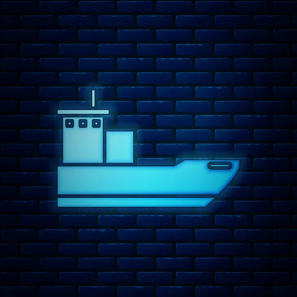 Glowing neon Cargo ship icon isolated on brick wall background. Vector Illustration — Stock Vector