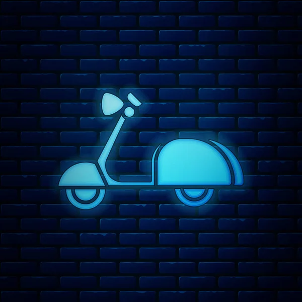 Leuchtende Neon-Scooter-Ikone isoliert auf Backsteinmauer Hintergrund. Vektorillustration — Stockvektor