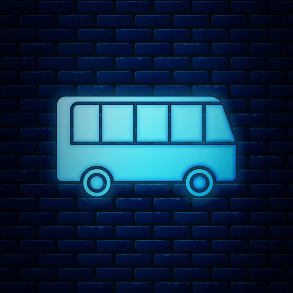 Icona luminosa al neon Bus isolato su sfondo muro di mattoni. Concetto di trasporto. Autobus segno di trasporto tour. Turismo o simbolo del veicolo pubblico. Illustrazione vettoriale — Vettoriale Stock