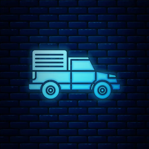 Lumineux néon Livraison camion cargo icône du véhicule isolé sur fond de mur de brique. Illustration vectorielle — Image vectorielle