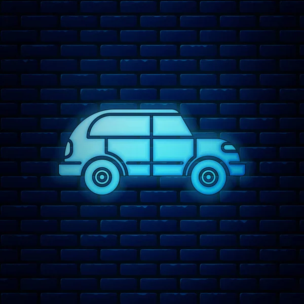 Brilhante neon Hatchback ícone do carro isolado no fundo da parede de tijolo. Ilustração vetorial — Vetor de Stock