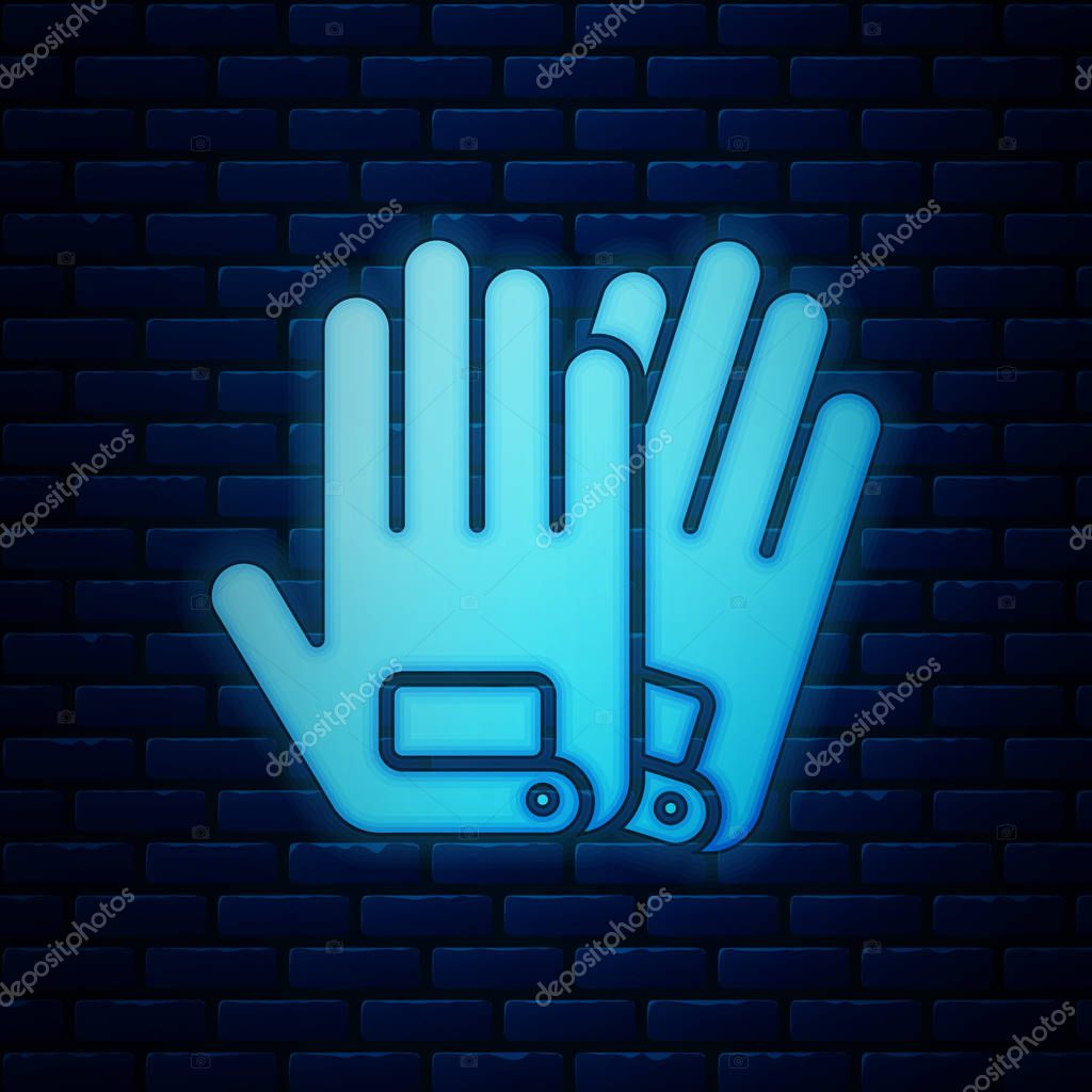 Glowing neon Gloves icon isolated on brick wall background. Extreme sport. Sport equipment. Vector Illustration