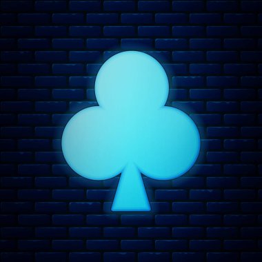 Duvarda izole edilmiş kulüp sembollü parlak neon oyun kartı. Kumarhane kumarı. Vektör İllüstrasyonu