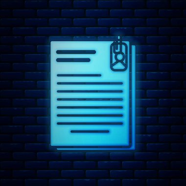 Parlayan Neon dosya belgesi ve kağıt klip simgesi tuğla duvar arka planda izole. Kontrol listesi simgesi. İş konsepti. Vektör Illustration