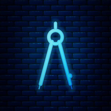 Parlayan neon çizim simgesi tuğla duvar arka planında izole edildi. Pusula işareti. Çizim ve eğitim araçları. Geometrik alet. Vektör İllüstrasyonu