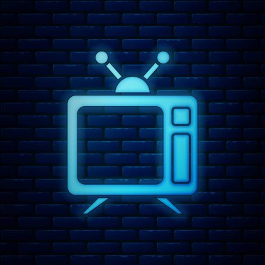 Parlak neon Tv simgesi tuğla duvar arka plan üzerinde izole. Televizyon işareti. Vektör çizim