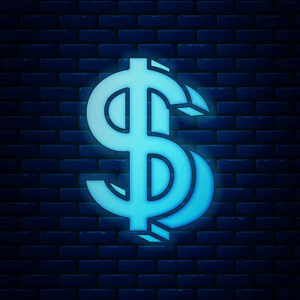 Gloeiende neon Dollar symbool pictogram geïsoleerd op bakstenen muur achtergrond. Geld en geld, rijkdom, betaalsymbool. Casino gokken. Vector Illustratie — Stockvector