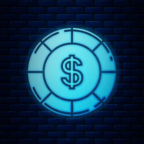 Brillante chip neon Casino con icona simbolo del dollaro isolato su sfondo muro di mattoni. Gioco d'azzardo. Illustrazione vettoriale — Vettoriale Stock