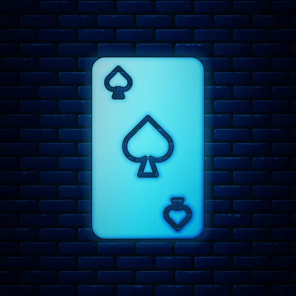 Brillante neón naipe con palas icono símbolo aislado en el fondo de la pared de ladrillo. Juego de casino. Ilustración vectorial — Vector de stock