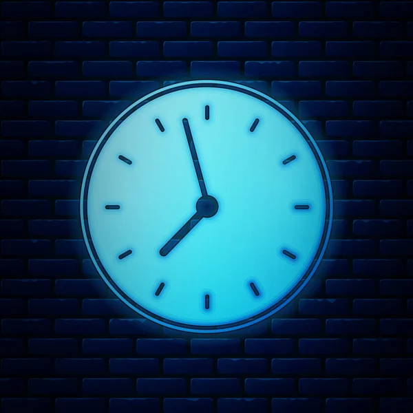 Brillante icono del reloj de neón aislado en el fondo de la pared de ladrillo. Símbolo de tiempo. Ilustración vectorial — Vector de stock