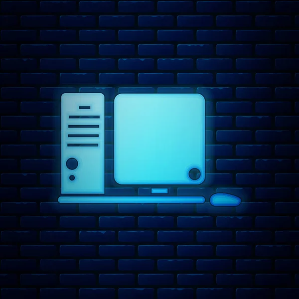 Monitor de neón brillante con teclado y ratón icono aislado en el fondo de la pared de ladrillo. Signo de componente PC. Ilustración vectorial — Archivo Imágenes Vectoriales