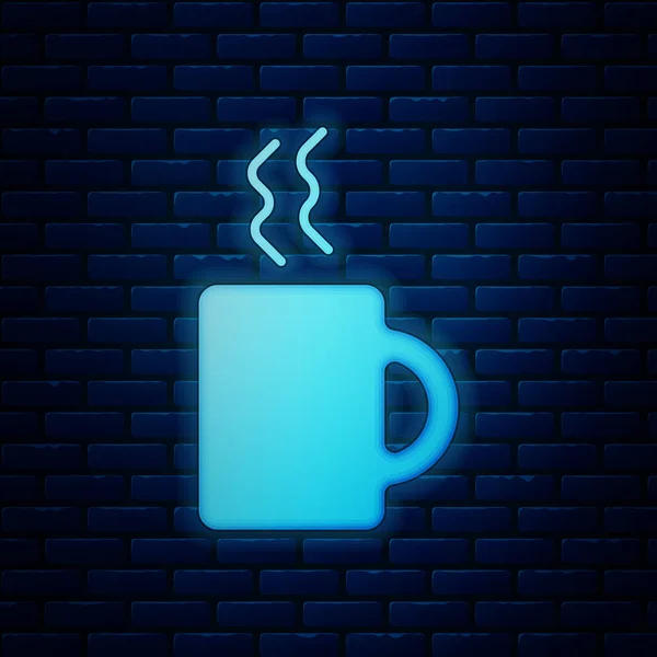 Icono de taza de café de neón brillante aislado en el fondo de la pared de ladrillo. Taza de té. Café caliente. Ilustración vectorial — Archivo Imágenes Vectoriales