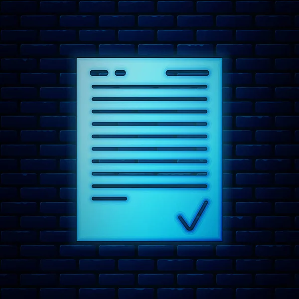 Glowing neon Exam sheet with check mark icon isolated on brick wall background. Test paper, exam, or survey concept. School test or exam. Vector Illustration — 스톡 벡터