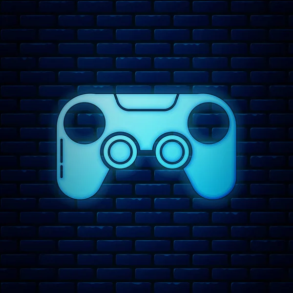 Gloeiende neon Gamepad pictogram geïsoleerd op bakstenen muur achtergrond. Spelregelaar. Vector Illustratie — Stockvector