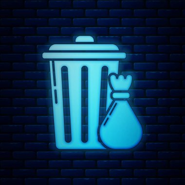 Parlayan neon çöp tenekesi ve çöp torbası ikonu tuğla duvar arkasında izole edilmiş. Çöp kutusu tabelası. Sepet simgesini geri dönüştür. Ofis çöpü ikonu. Vektör İllüstrasyonu