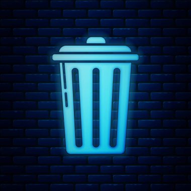 Parlayan neon çöp kutusu simgesi tuğla duvar arka planında izole edildi. Çöp kutusu tabelası. Sepet simgesini geri dönüştür. Ofis çöpü ikonu. Vektör İllüstrasyonu