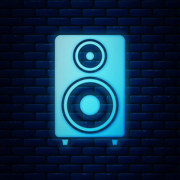 Gloeiende neon stereospreker pictogram geïsoleerd op bakstenen muur achtergrond. Sound-systeemluidsprekers. Het pictogram van de muziek. Muzikale kolom spreker bas apparatuur. Vectorillustratie — Stockvector