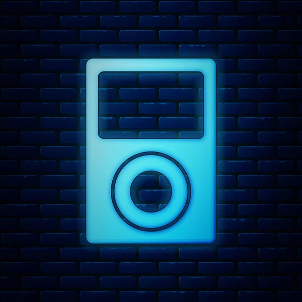 Icono del reproductor de música de neón brillante aislado en el fondo de la pared de ladrillo. Dispositivo de música portátil. Ilustración vectorial — Vector de stock