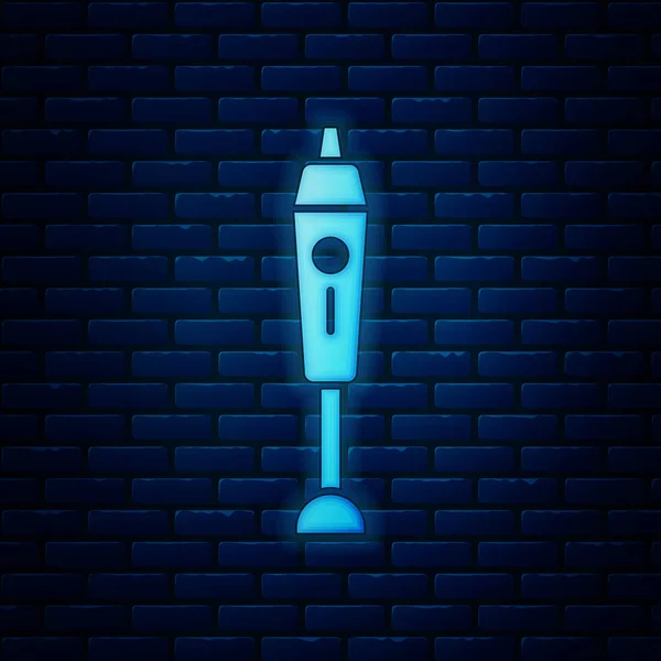 Brillante icono de neón Blender aislado en el fondo de la pared de ladrillo. Cocina eléctrica licuadora estacionaria con tazón. Cocinar batidos, cócteles o jugos. Ilustración vectorial — Vector de stock