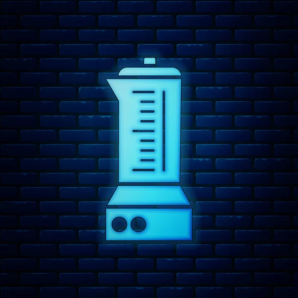 Brillante icono de neón Blender aislado en el fondo de la pared de ladrillo. Cocina eléctrica licuadora estacionaria con tazón. Cocinar batidos, cócteles o jugos. Ilustración vectorial — Archivo Imágenes Vectoriales