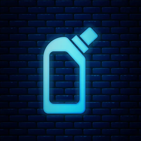 Glowing neon Plastic bottle for liquid laundry detergent, bleach, dishwashing liquid or another cleaning agent icon isolated on brick wall background. Vector Illustration — Stock Vector