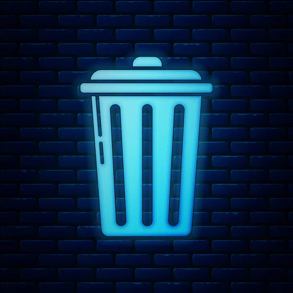 Glowing neon Trash can icon isolated on brick wall background. Garbage bin sign. Recycle basket icon. Office trash icon. Vector Illustration — Stock Vector