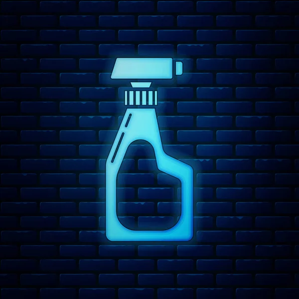 Brillante botella de neón spray de limpieza con detergente icono líquido aislado en el fondo de la pared de ladrillo. Ilustración vectorial — Vector de stock