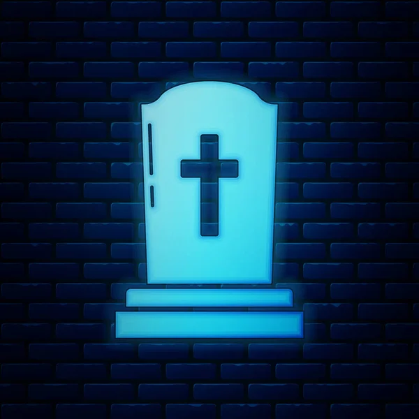 Leuchtender neonfarbener Grabstein mit Kreuzsymbol auf Backsteinmauer-Hintergrund. Grab-Symbol. Vektorillustration — Stockvektor