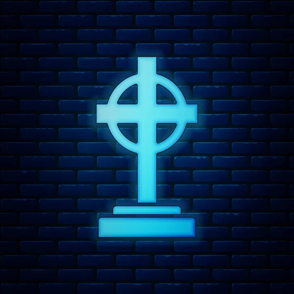 Brilhante neon Tombstone com ícone de cruz isolado no fundo da parede de tijolo. Ícone de túmulo. Ilustração vetorial — Vetor de Stock
