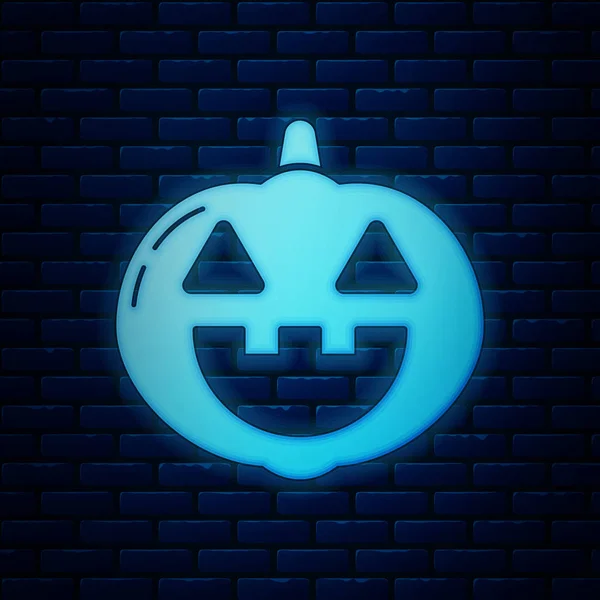 Glödande neon pumpa ikon isolerad på tegel vägg bakgrund. Glad halloweenfest. Vektor Illustration — Stock vektor