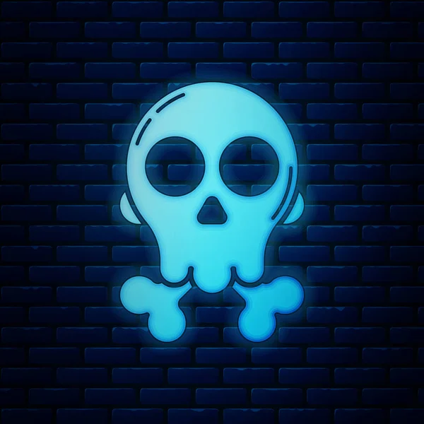 Brillante teschio al neon sulle ossa incrociate icona isolata su sfondo muro di mattoni. Buona festa di Halloween. Illustrazione vettoriale — Vettoriale Stock