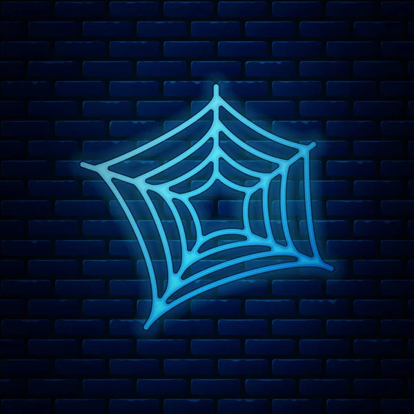 Gloeiende neon Spider Web icoon geïsoleerd op bakstenen muur achtergrond. Cobweb teken. Happy Halloween Party. Vector illustratie — Stockvector