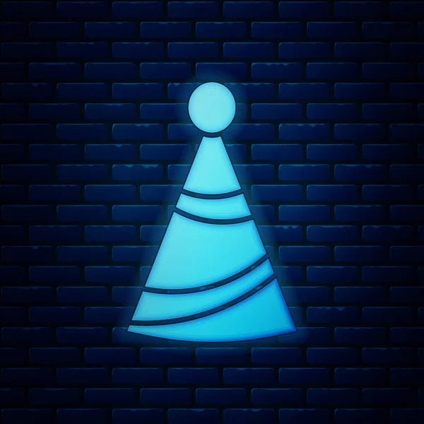 Parlayan neon Parti şapka simgesi tuğla duvar arka plan izole. Doğum günü şapkası. Vektör İllüstrasyonu