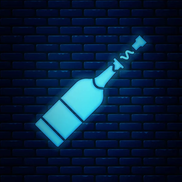 レンガの壁の背景に隔離された輝くネオンシャンパンボトルのアイコン。ベクトルイラストレーション — ストックベクタ