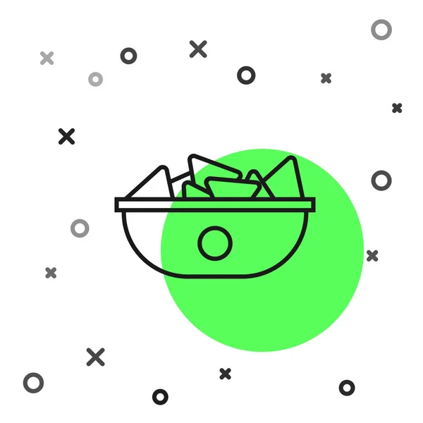 Línea negra Nachos en placa icono aislado sobre fondo blanco. Tortillas de tortilla o nachos. Menú tradicional mexicano de comida rápida. Ilustración vectorial — Vector de stock