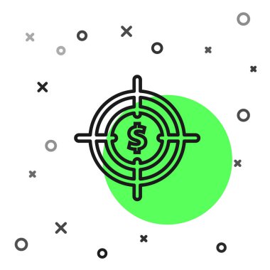 Beyaz arka planda yalıtılmış dolar simgesi ile Siyah çizgi Hedef. Yatırım hedef simgesi. Başarılı iş konsepti. Nakit veya Para işareti. Vektör İllüstrasyonu